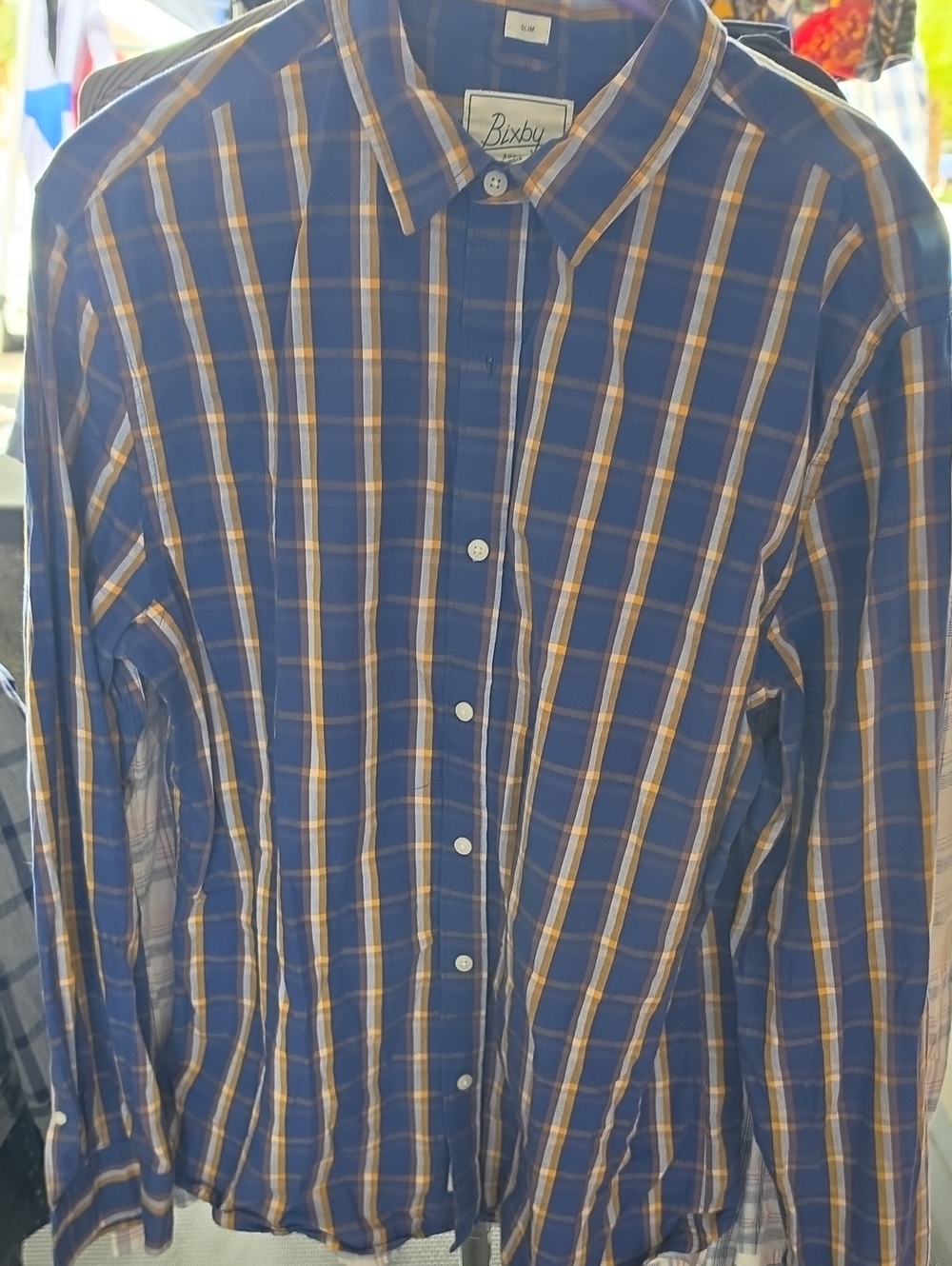 Bixby Men's Blue Plaid Button-Down Shirt with Tan Stripes